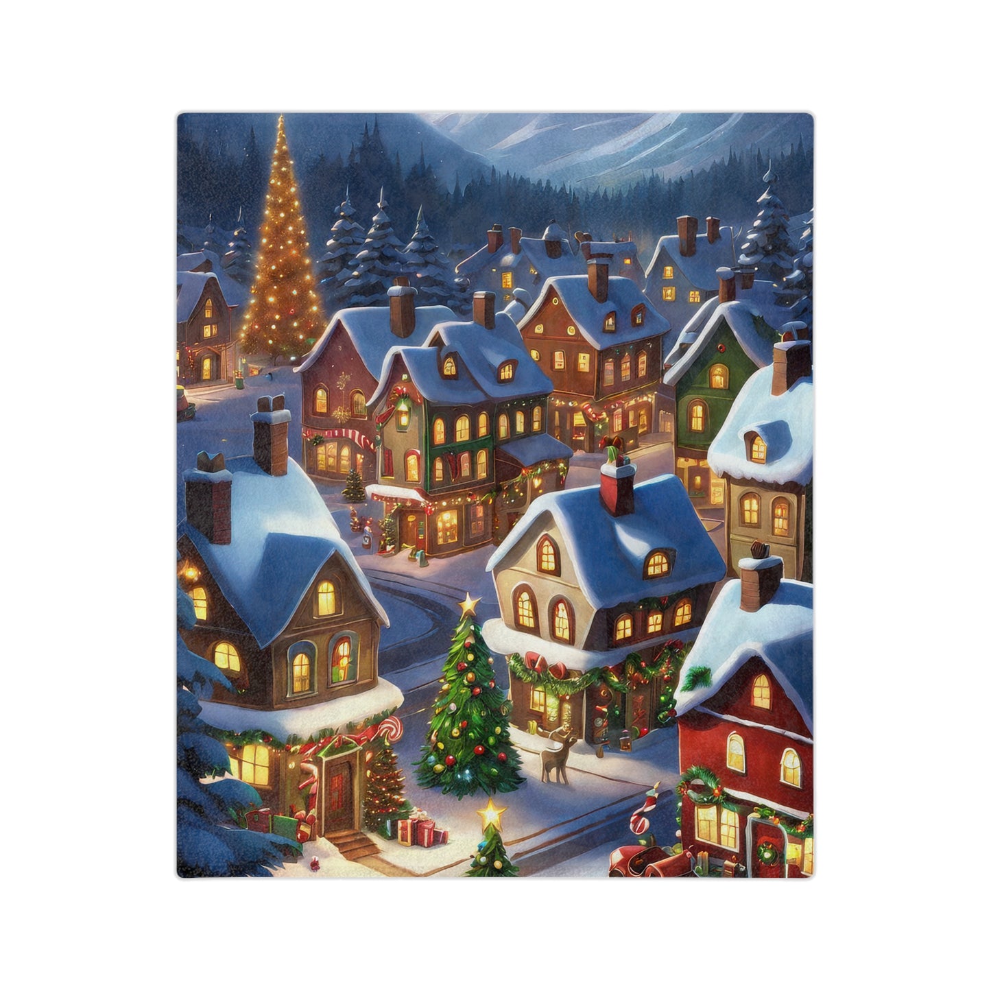 a velveteen plush blanket featuring a detailed scenic Christmas village at night, with snow-covered houses, glowing windows, decorated Christmas trees, and streetlights.