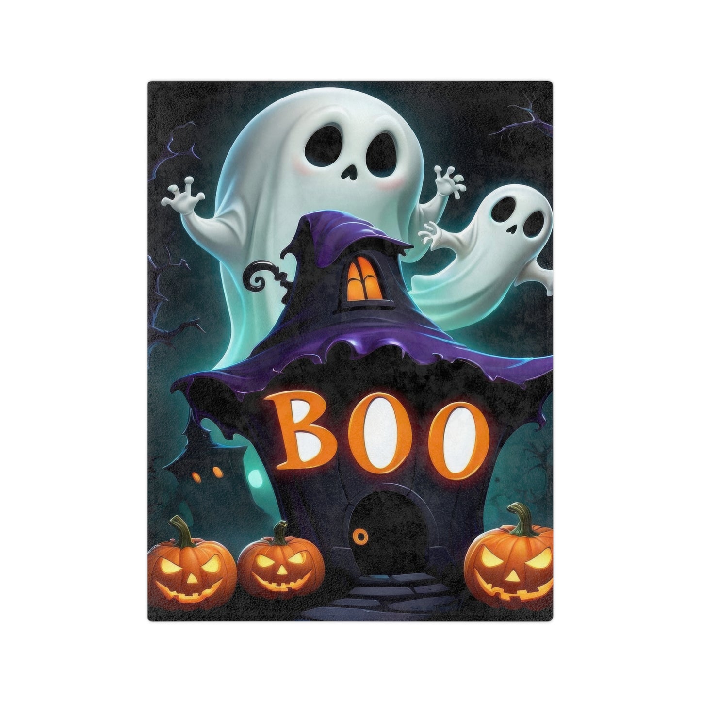 Halloween blanket with a haunted house spelling "BOO", two cute ghosts, and three jack-o'-lanterns, spooky fun decor.
