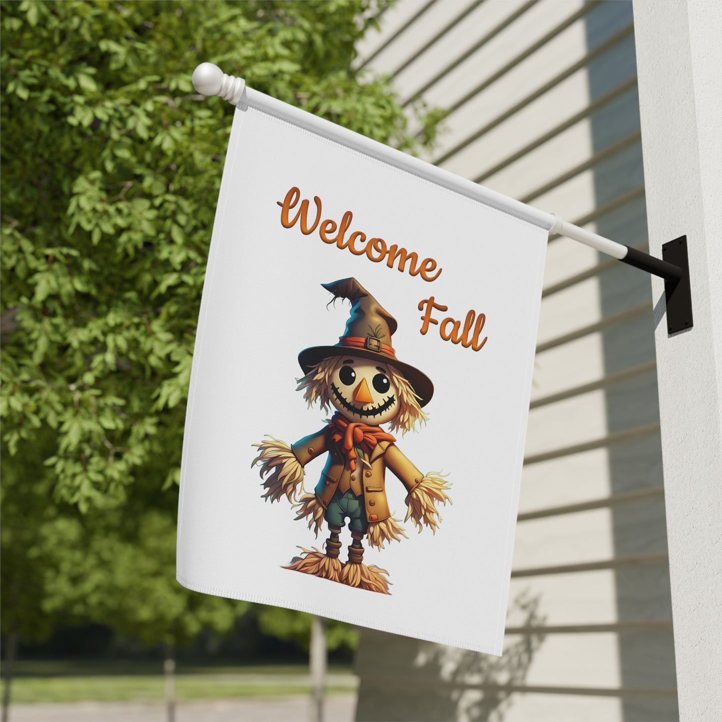 Welcome Fall garden flag with a smiling scarecrow