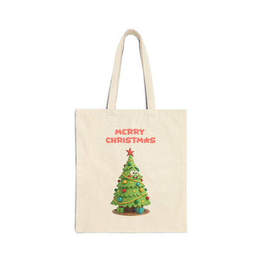 Holiday-themed canvas tote bag with an adorable kawaii tree design