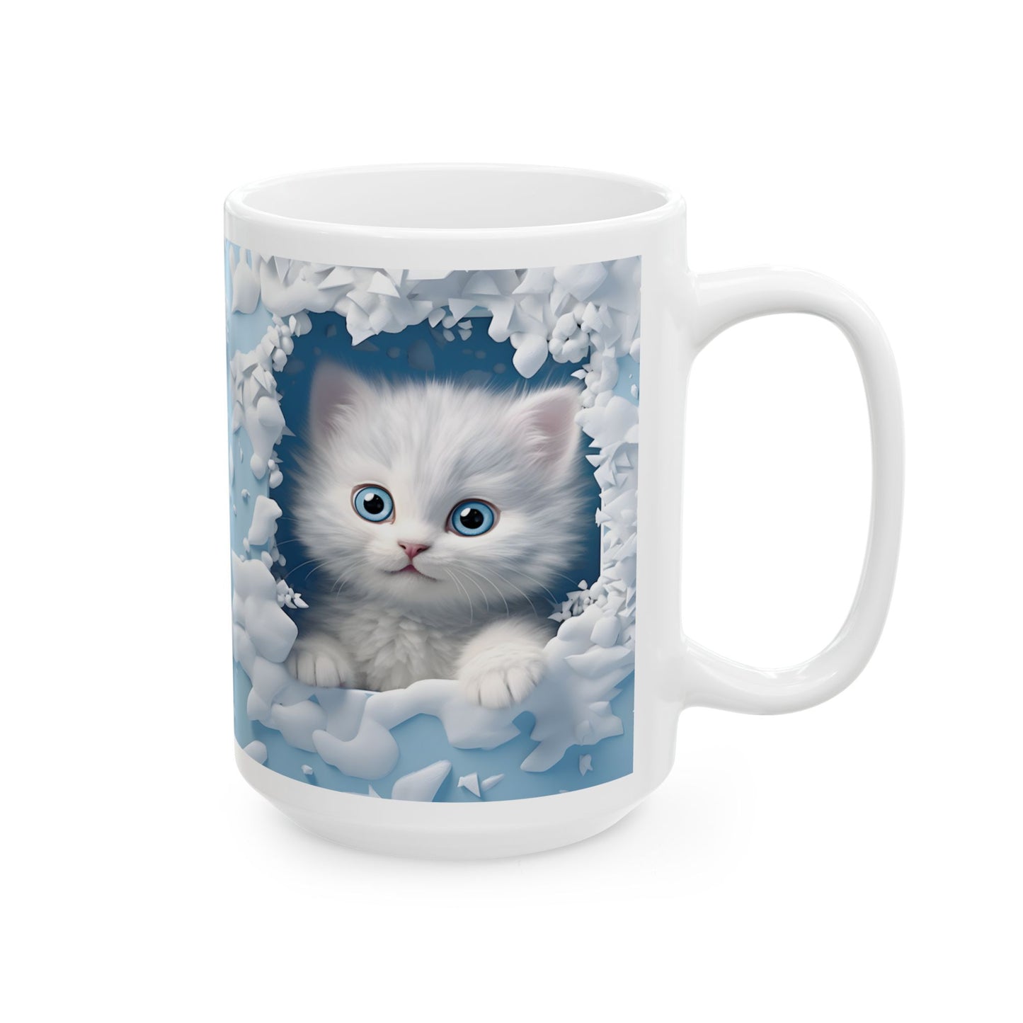 Adorable Blue-Eyed 3-D White Kitten Coffee Mug