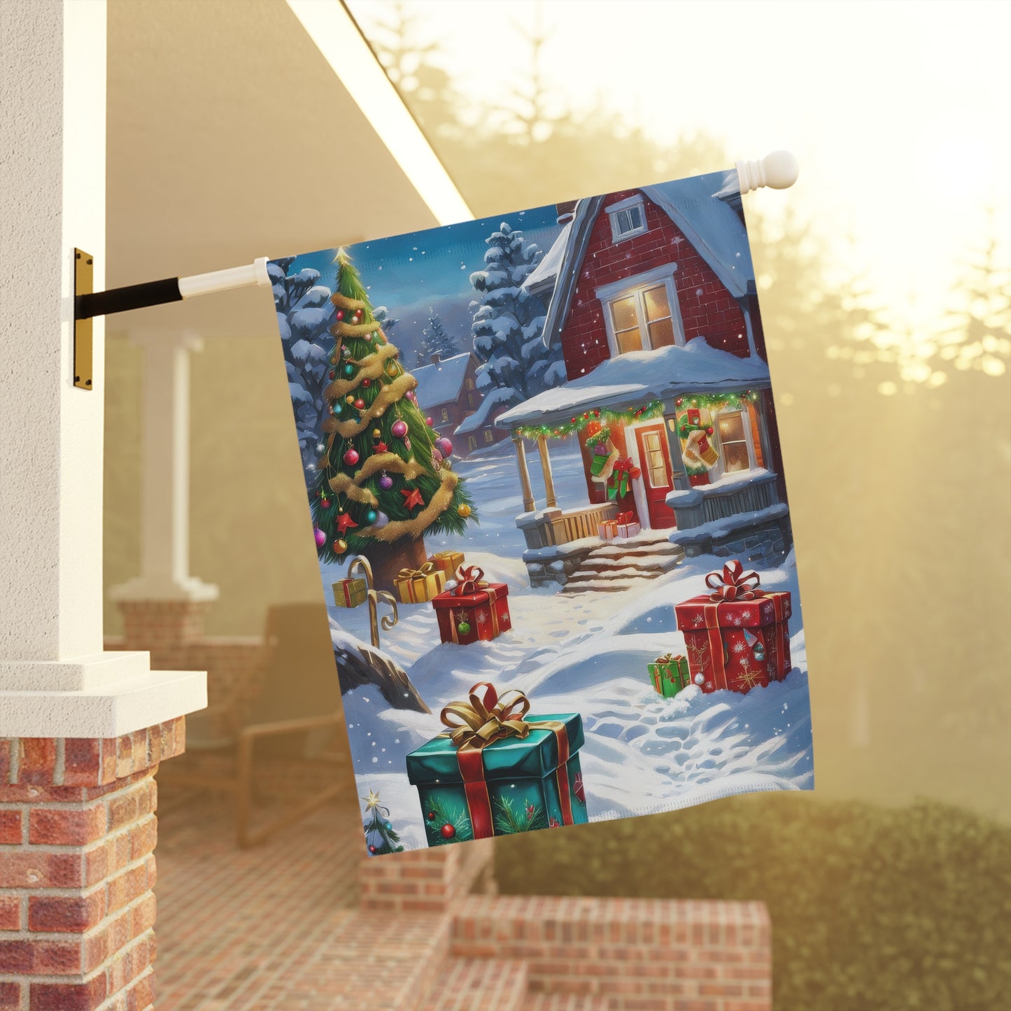 Christmas House Adorned with Presents Holiday Garden Flag/ House Banner