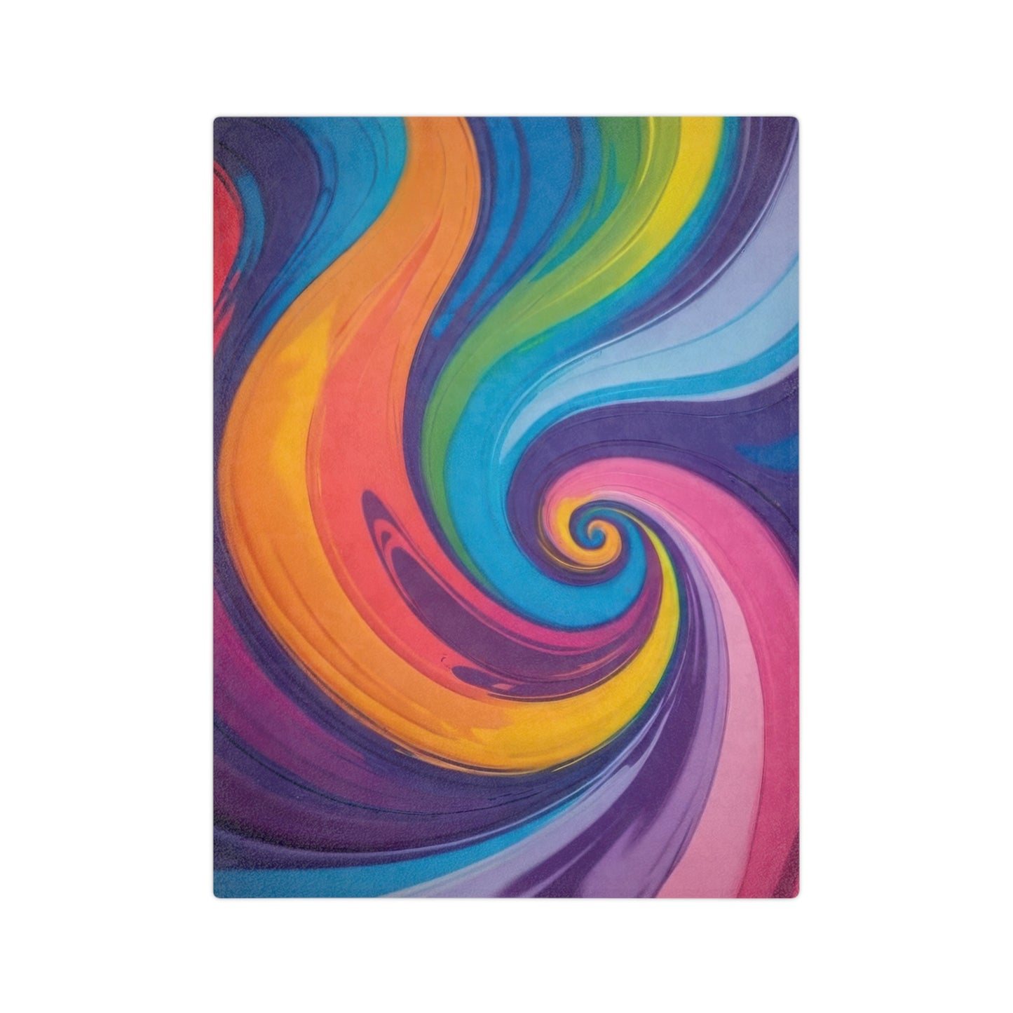 A vibrant velveteen blanket featuring a multi-colored abstract swirl design in shades of orange, yellow, blue, and purple.