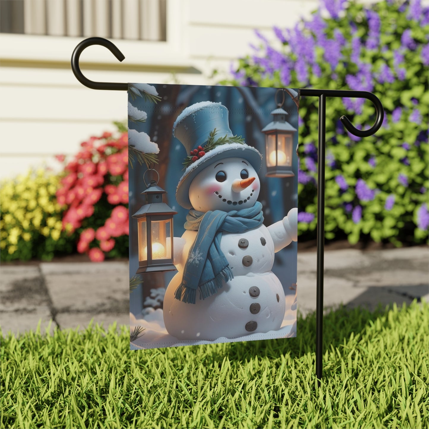 Cheerful Snowman in Blue Garden Flag
