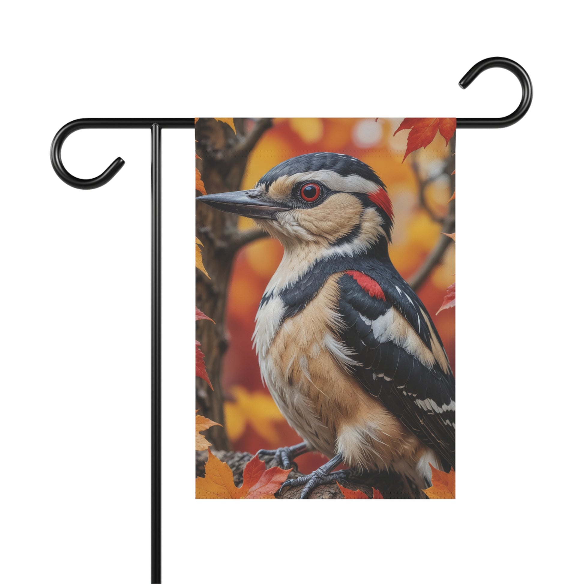 Realistic autumn garden flag with detailed woodpecker perched on a branch surrounded by orange and red fall leaves