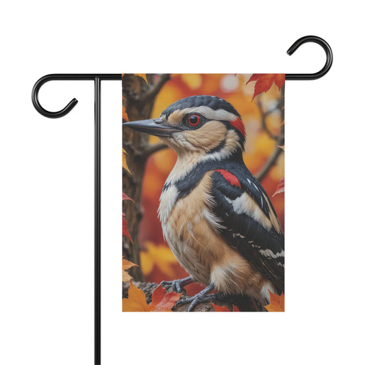 Realistic autumn garden flag with detailed woodpecker perched on a branch surrounded by orange and red fall leaves