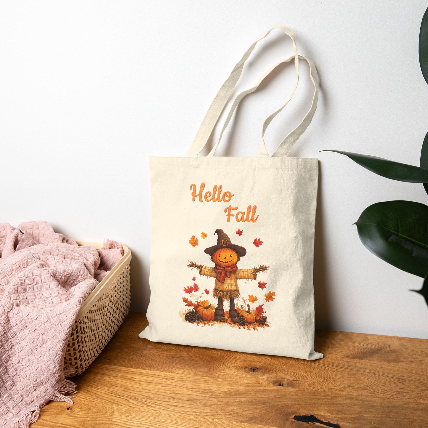 Autumn Harvest Scarecrow & Pumpkin Canvas Tote Bag