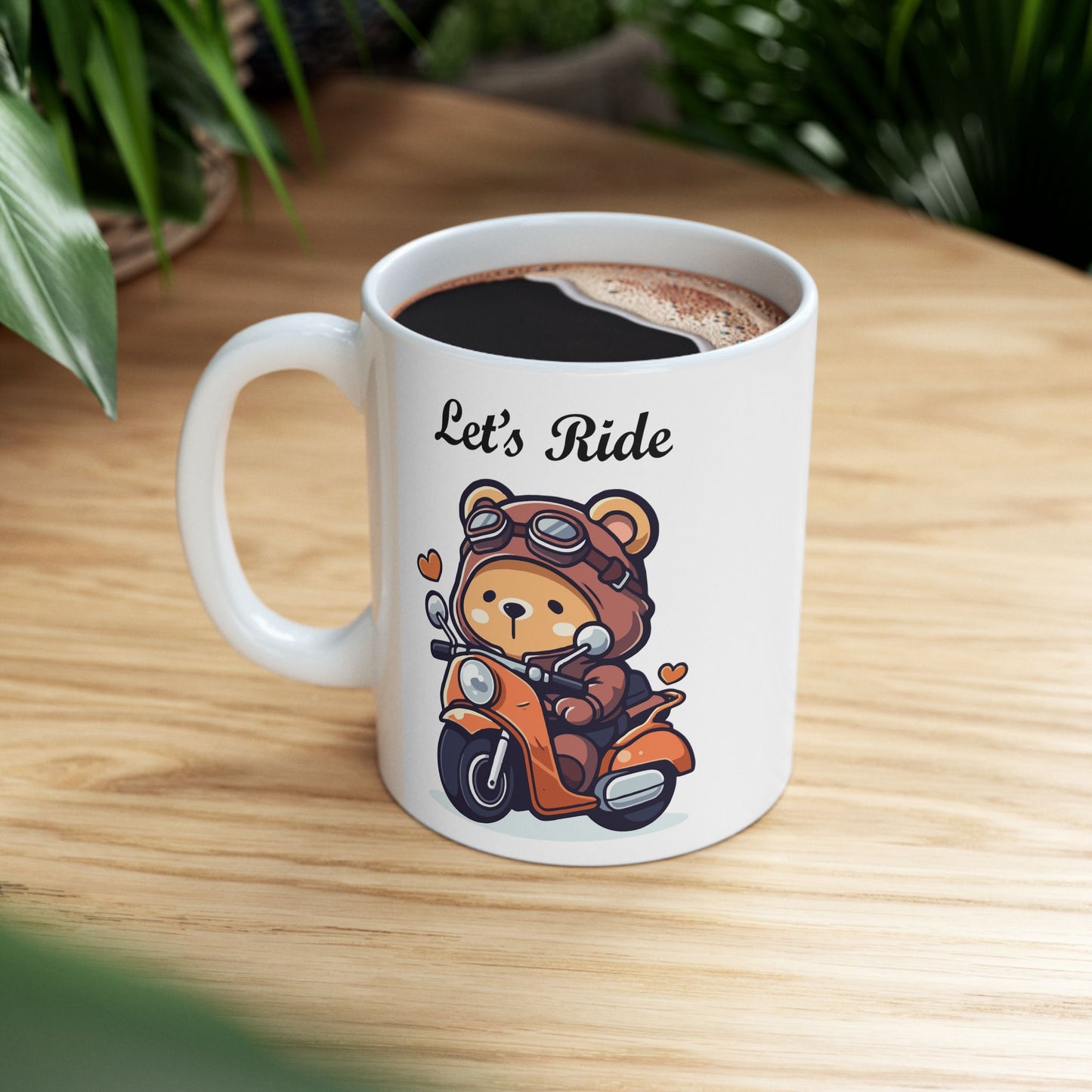 Cute little bear on a motorcycle "Let's Ride" coffee mug
