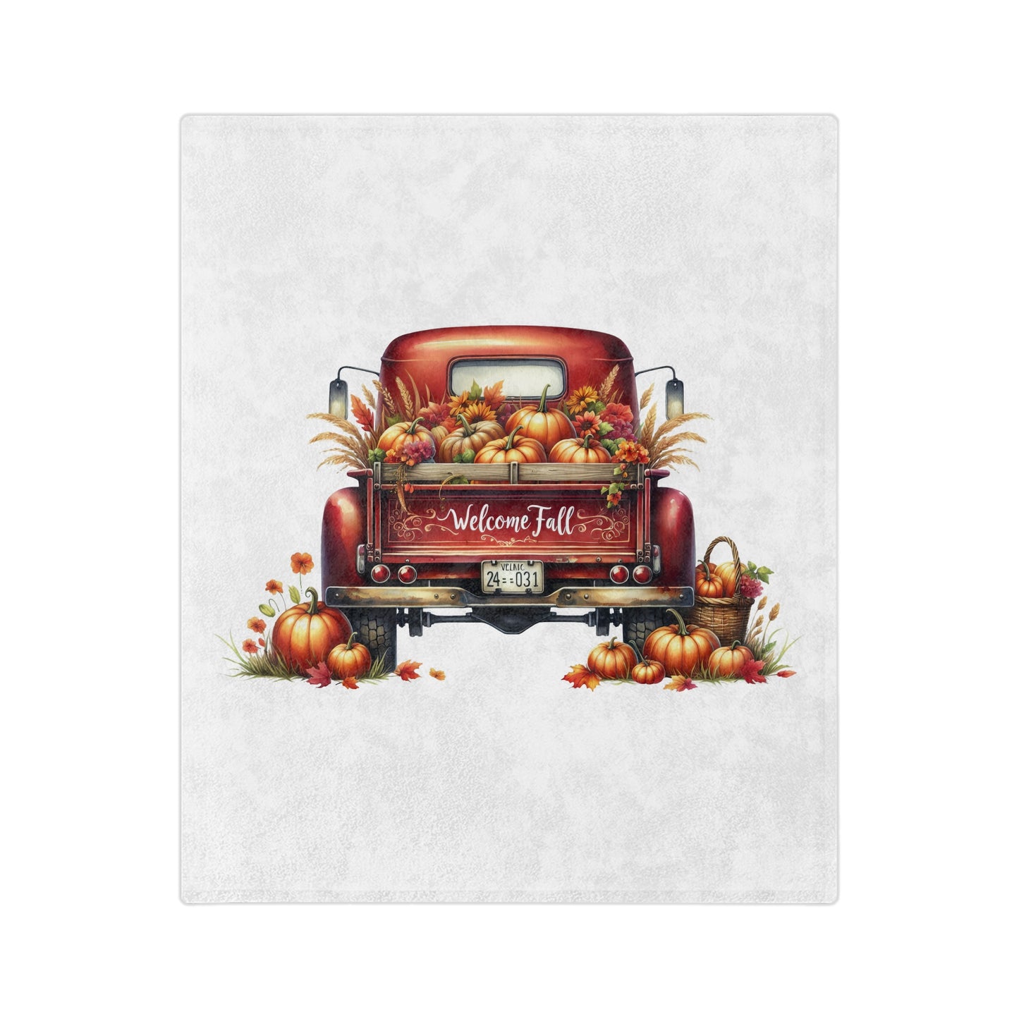 Lightweight velveteen blanket with a rustic red pickup truck carrying a "Welcome Fall" sign, pumpkins, gourds, and fall flowers in its bed, surrounded by scattered pumpkins.