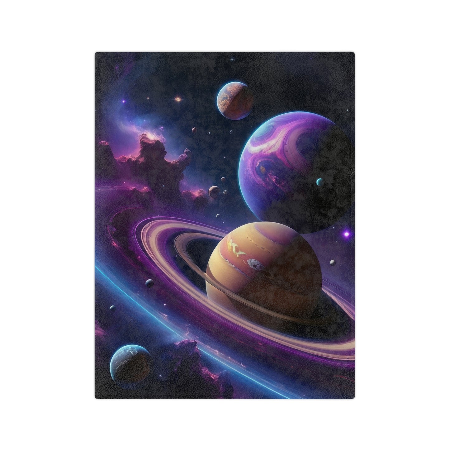 Nebula Dreamscape Velveteen Blanket with planets, rings, and colorful clouds