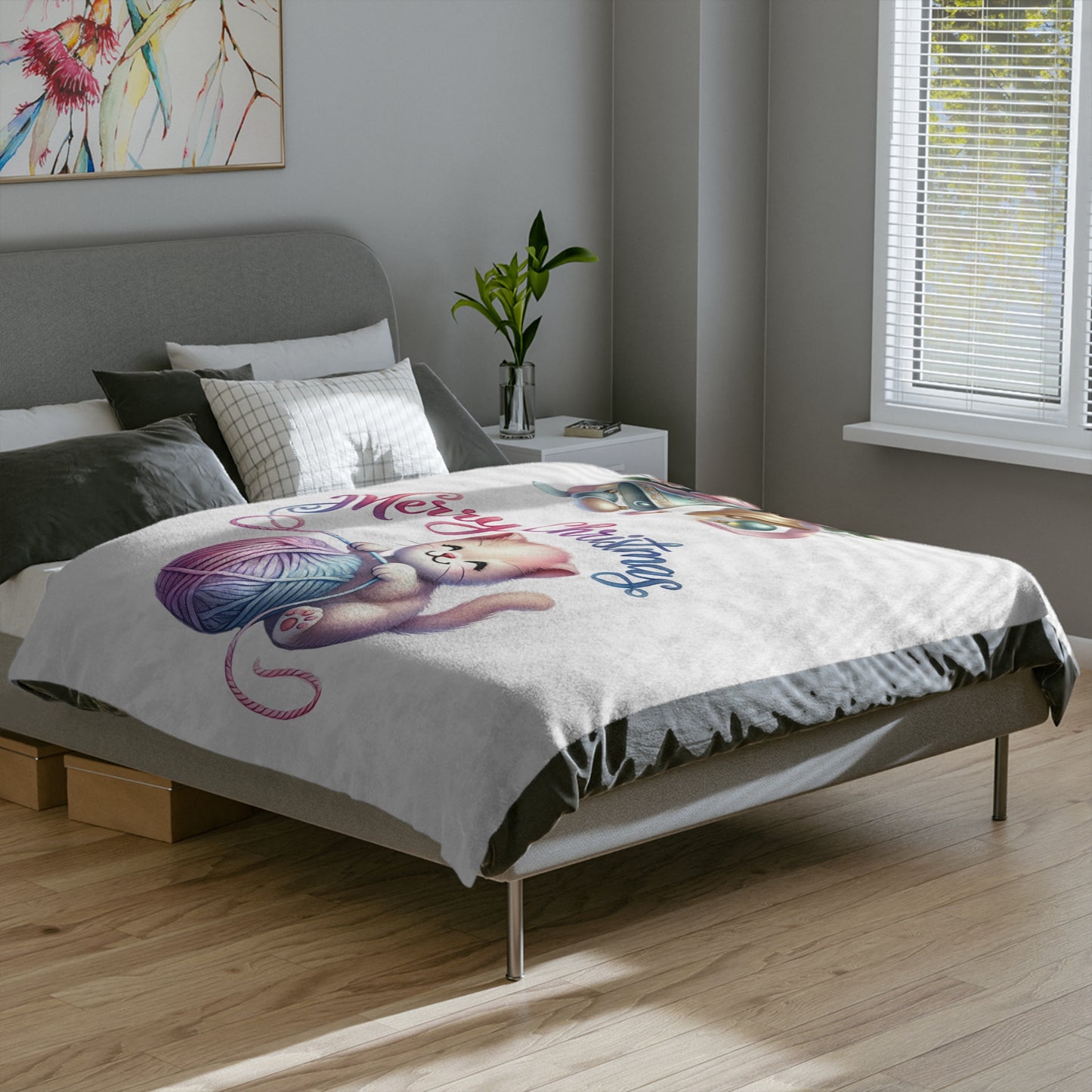 Merry Christmas Kitten Velveteen Plush Blanket