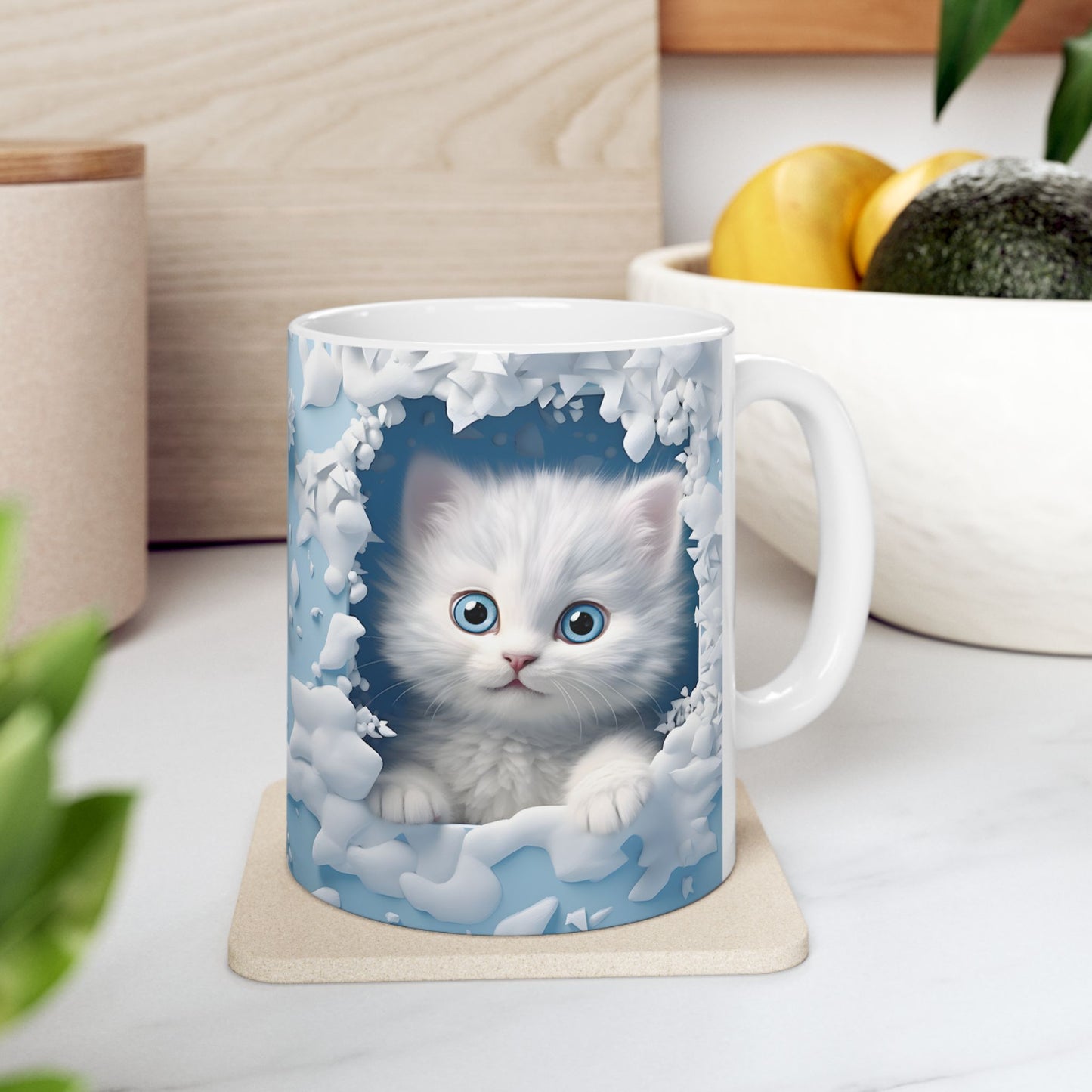 Adorable Blue-Eyed 3-D White Kitten Coffee Mug