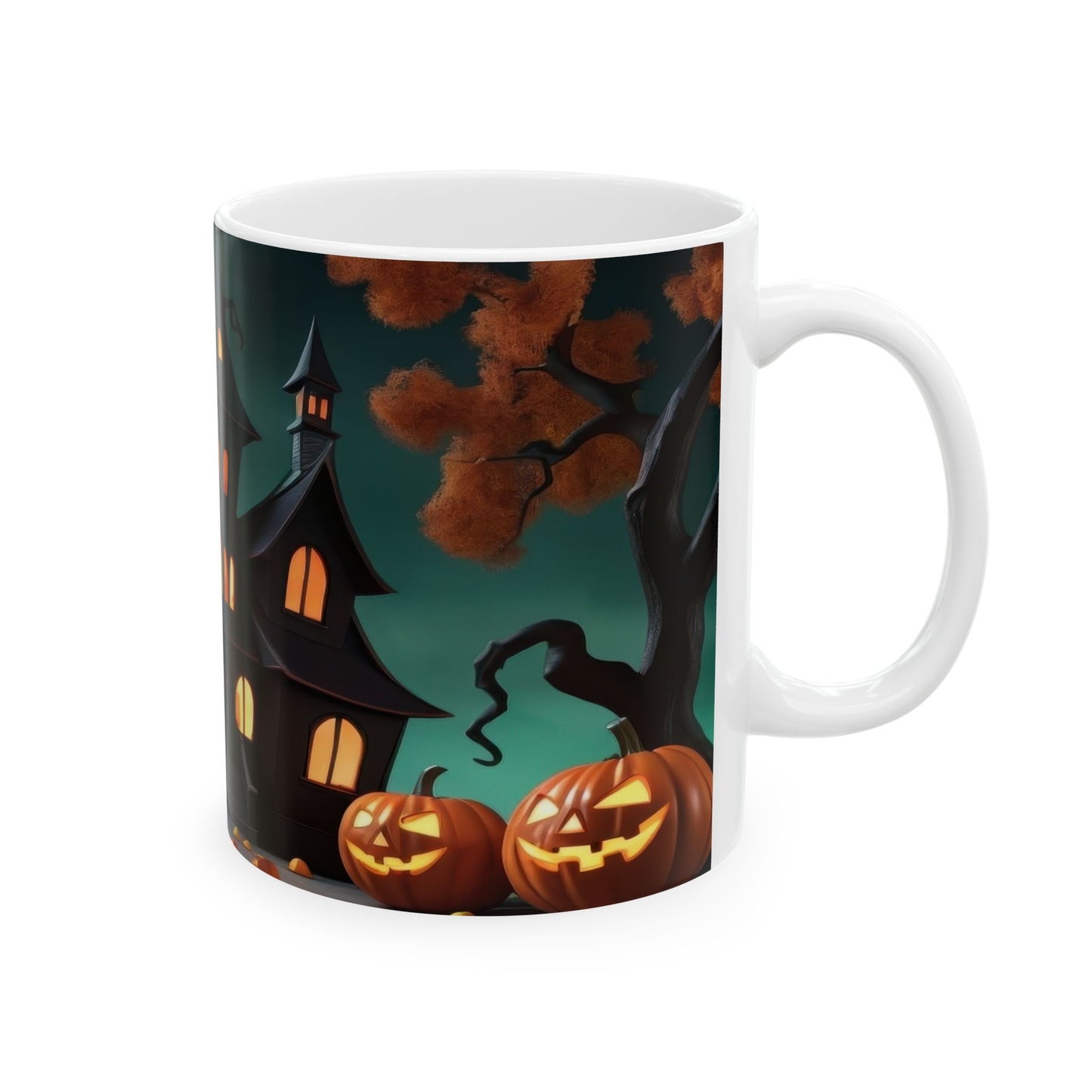 White ceramic coffee mug with a full-wrap illustration of a dark, spooky haunted mansion with glowing windows and tall turrets, surrounded by several lit jack-o'-lanterns and a barren tree under a dark, eerie sky