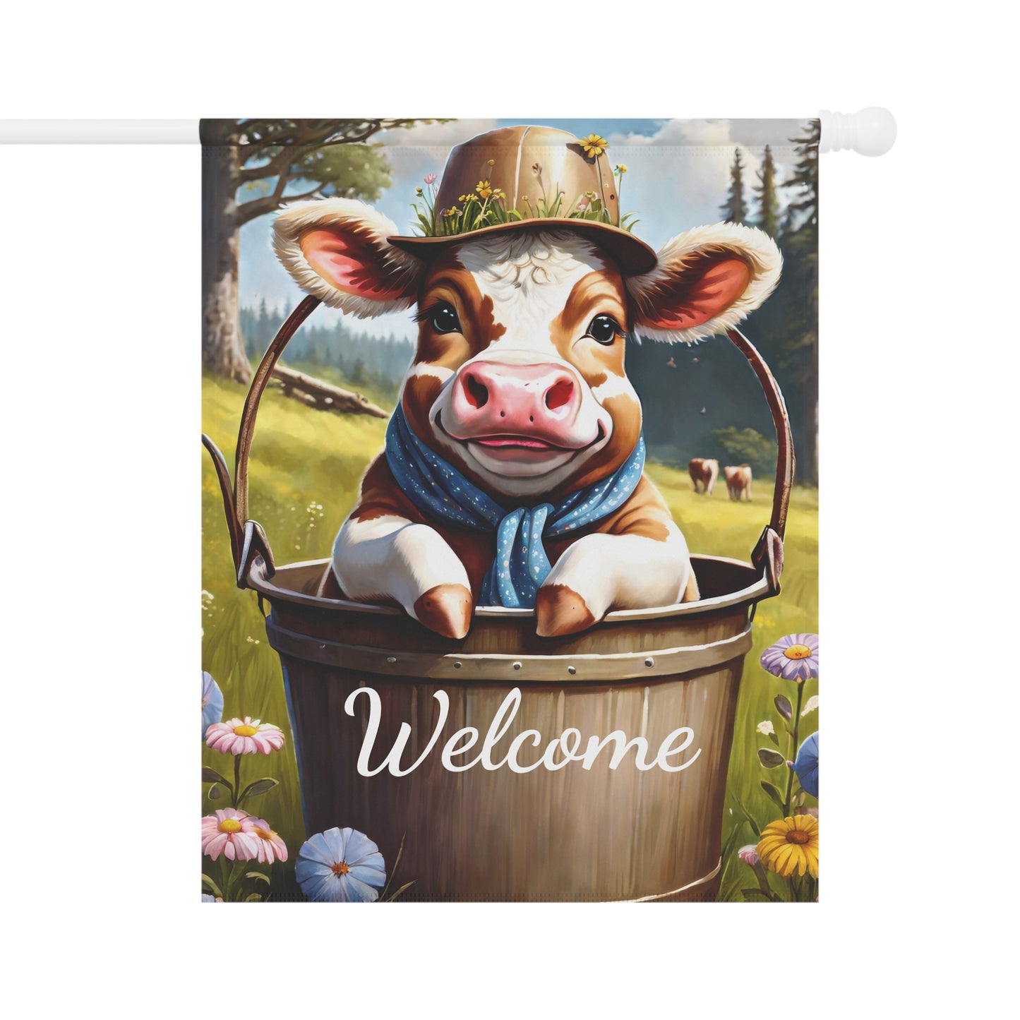 Welcome Garden Flag with Cute Cow in Bucket