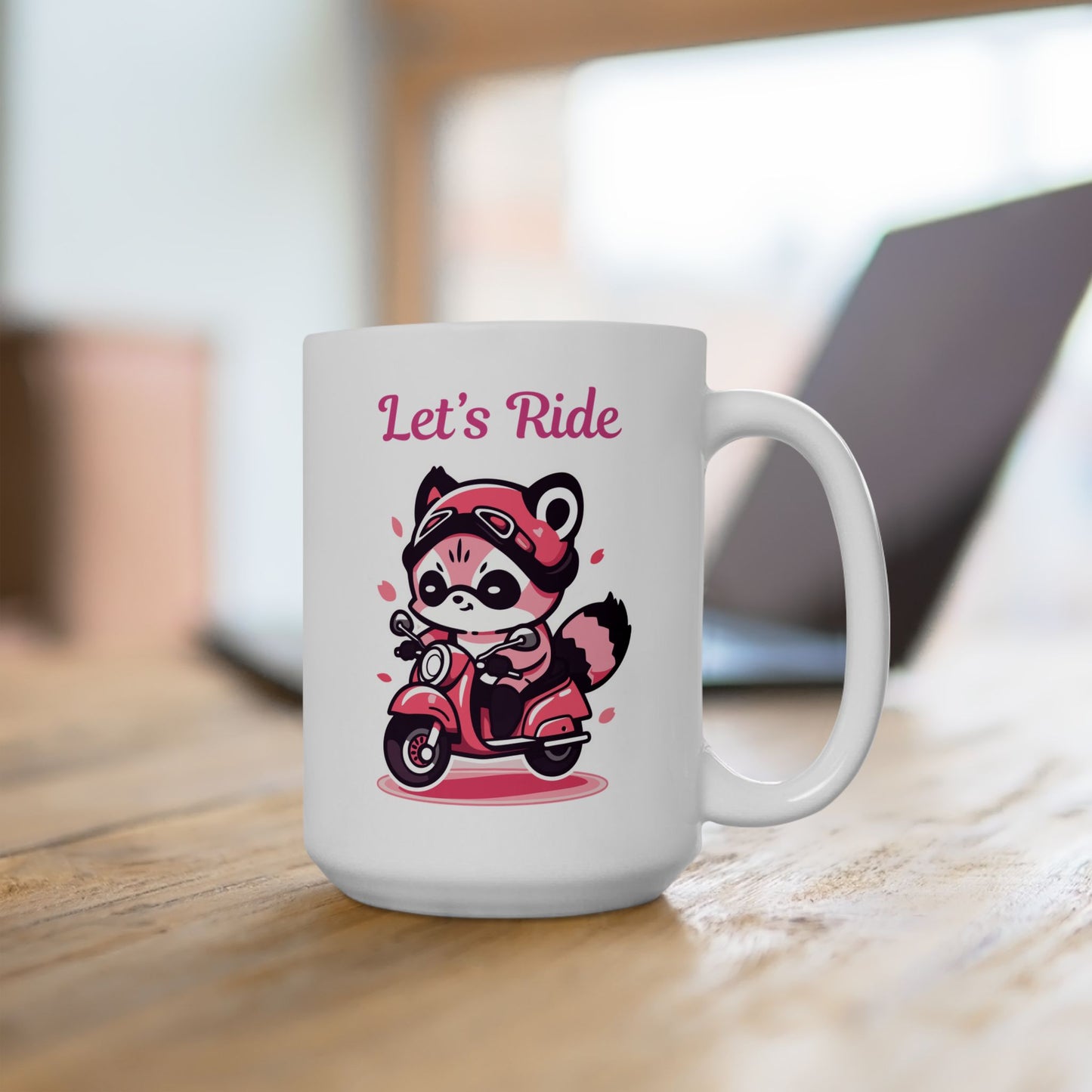 Racoon on a pink motorcycle "Let's Ride" coffee mug