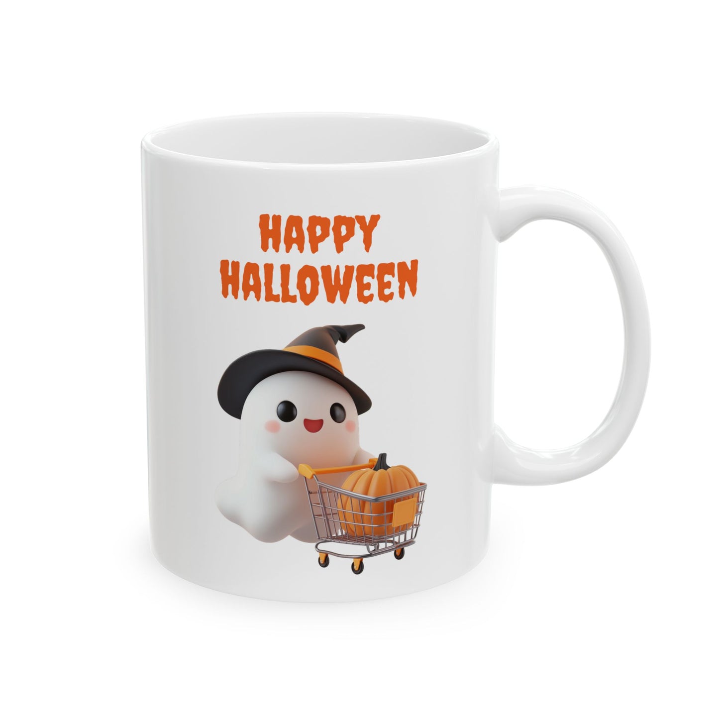 Halloween themed coffee mug featuring an adorable ghost character with a festive pumpkin in a cart, perfect for seasonal drinkware.