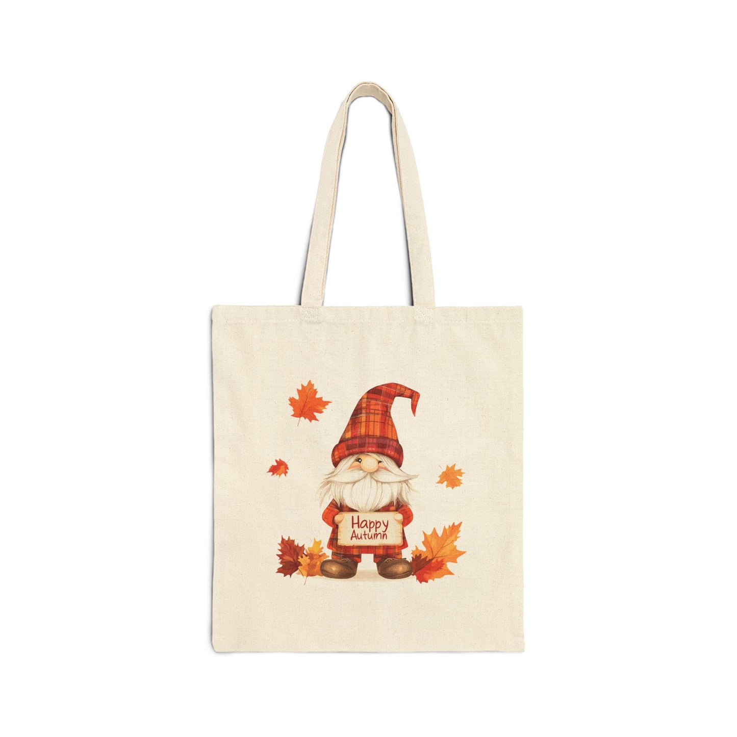 Canvas tote bag with a cute plaid gnome holding a "Happy Autumn" sign