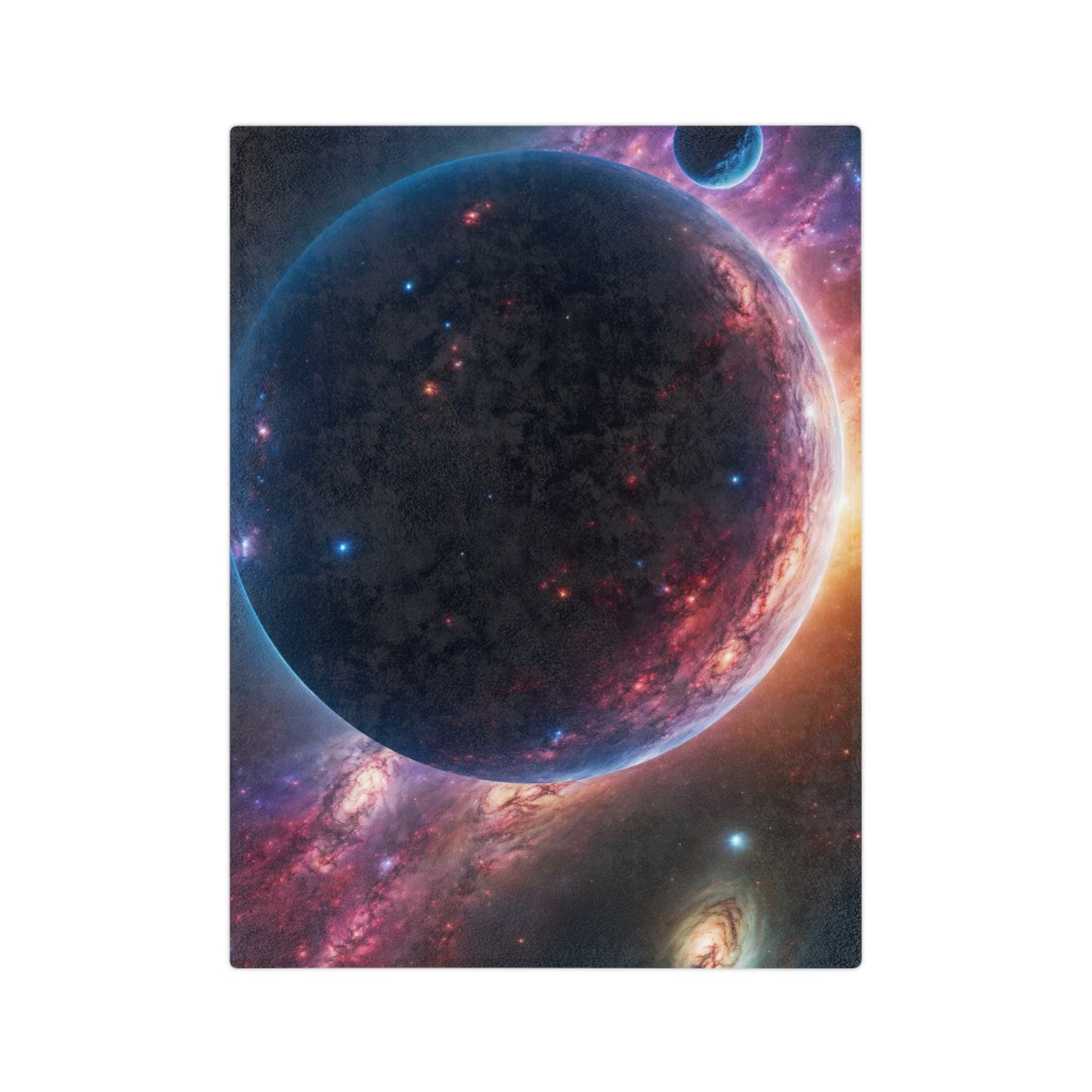 A soft velveteen throw blanket featuring a detailed cosmic print of a distant planet and stars.