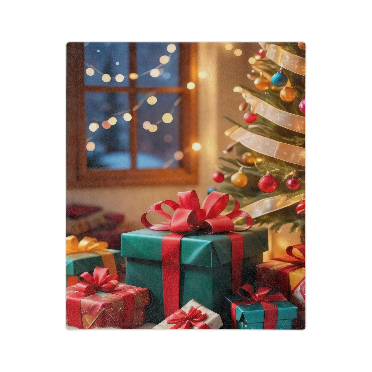 Velveteen blanket with Christmas tree, colorful presents, and holiday lights by a cozy window