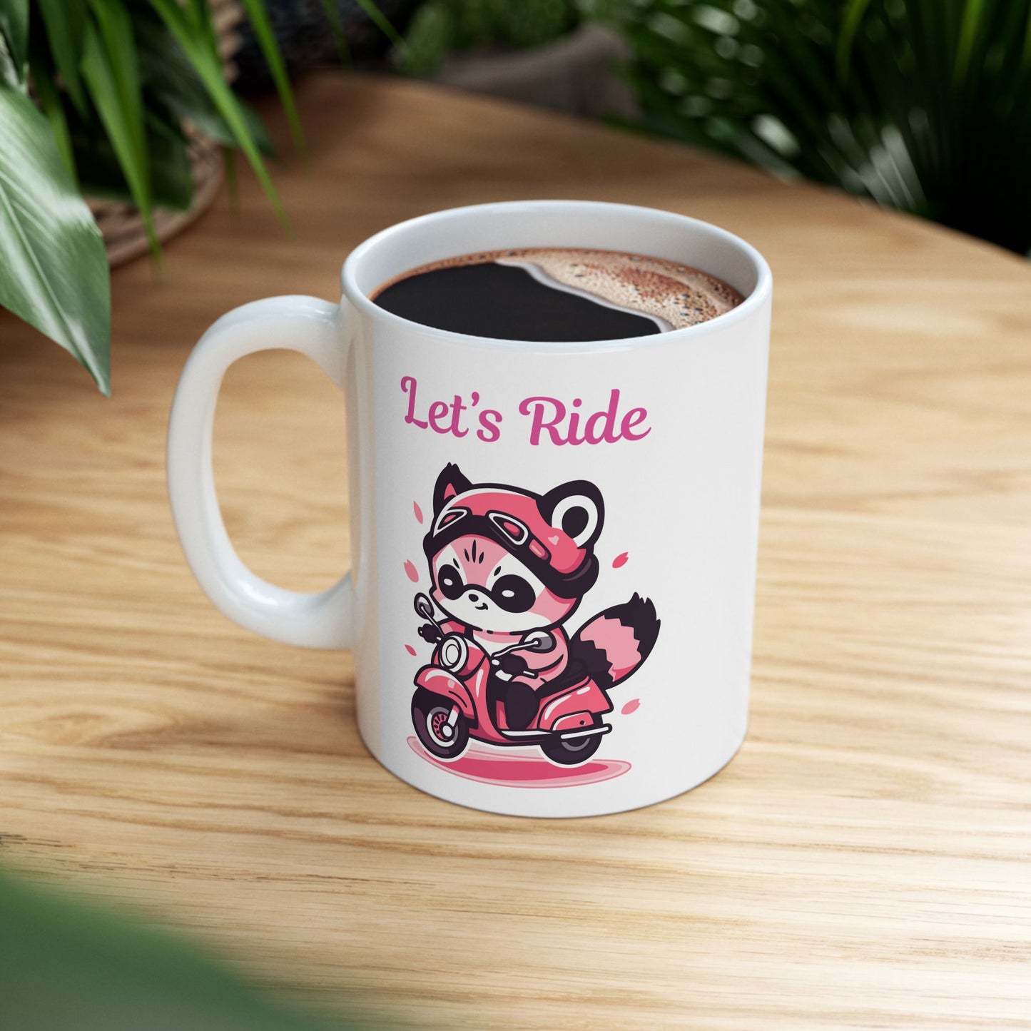 Racoon on a pink motorcycle "Let's Ride" coffee mug