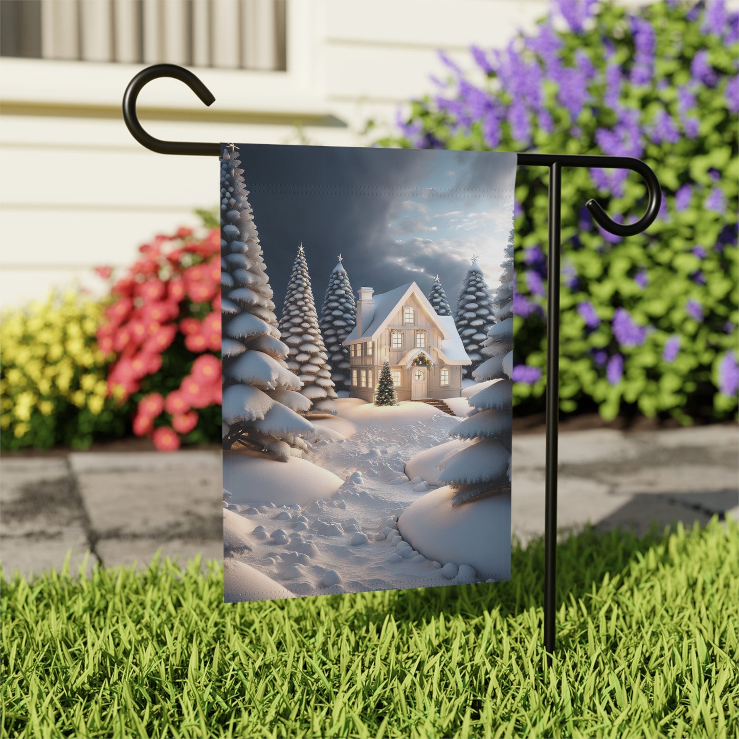 Peaceful Snowy Cabin Garden Flag