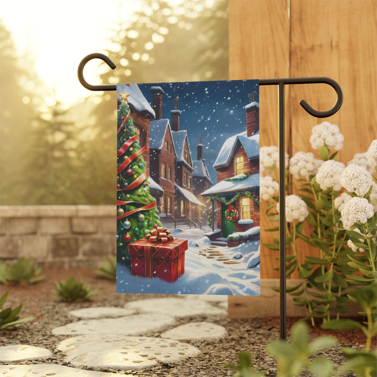 Cozy Christmas Street Garden Flag