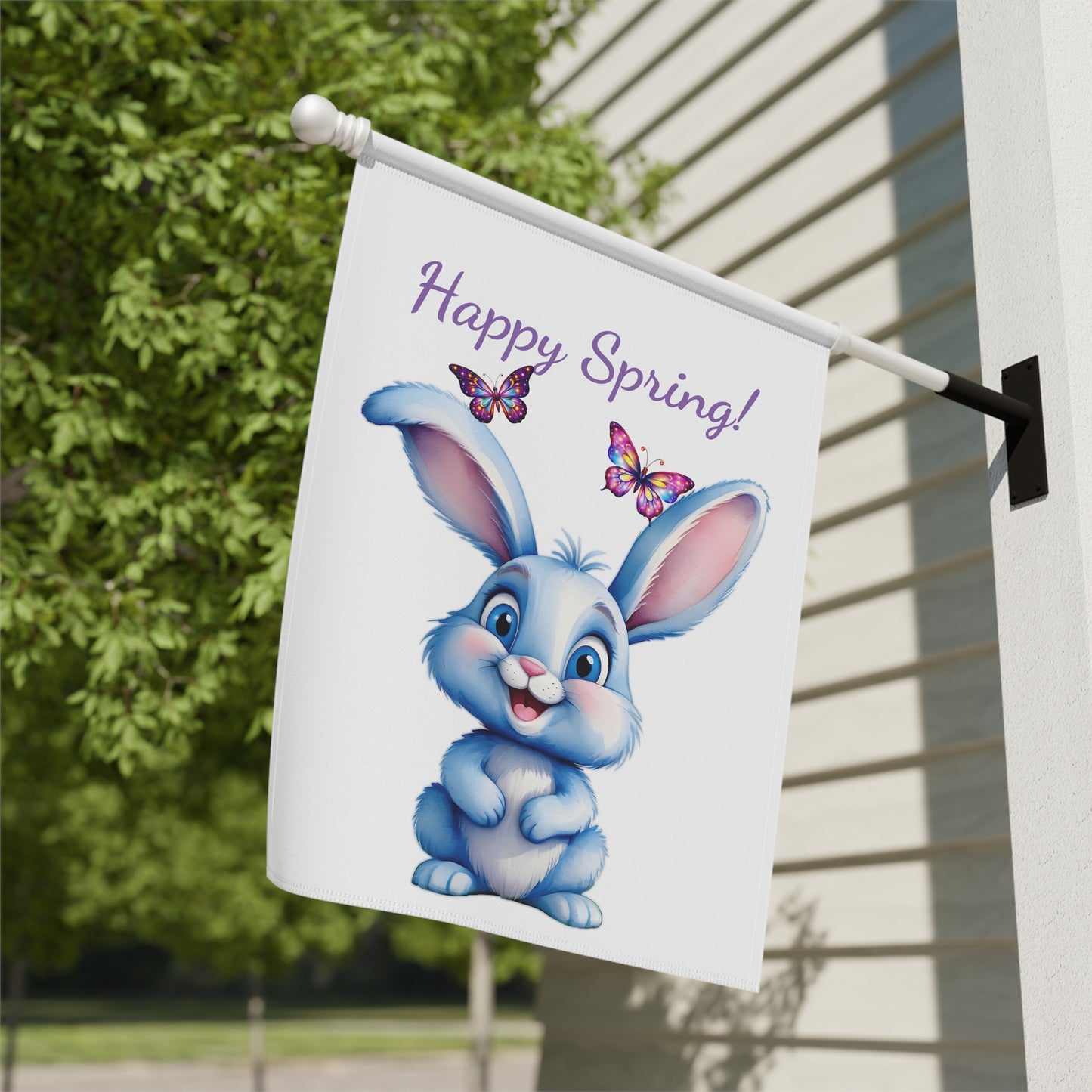 Happy Spring Blue Bunny & Butterflies Garden Flag
