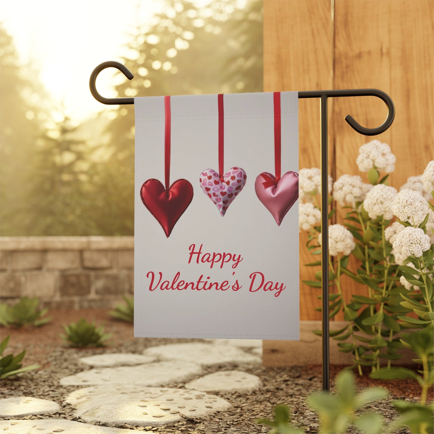 Elegant Red & Pink Hanging Hearts Valentine Garden Flag