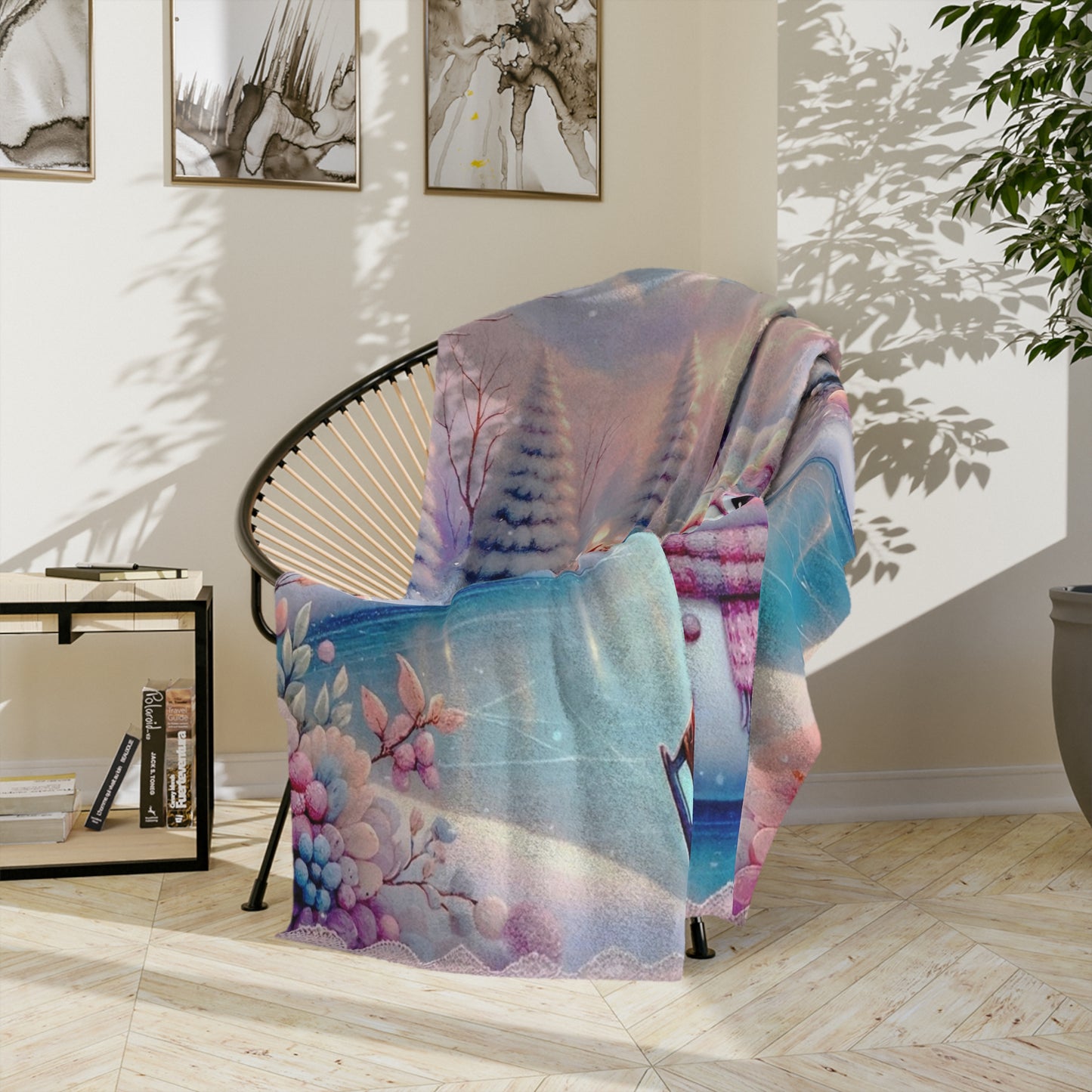 Precious Girl & Snowman Ice Skating Velveteen Blanket