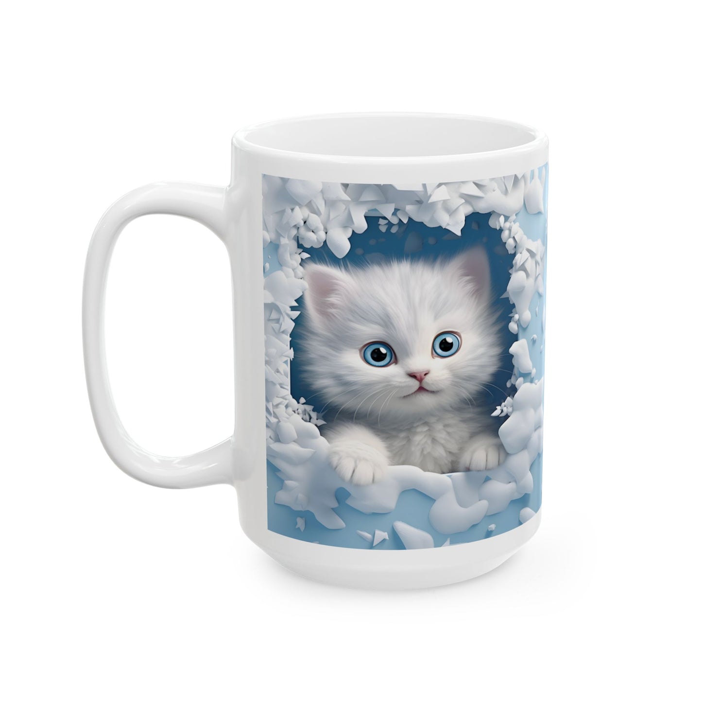 Adorable Blue-Eyed 3-D White Kitten Coffee Mug