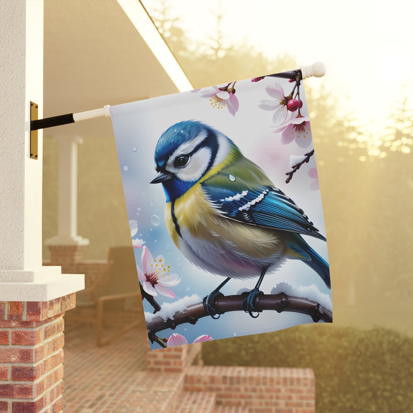 Blue Tit Bird Garden Flag with Cherry Blossoms