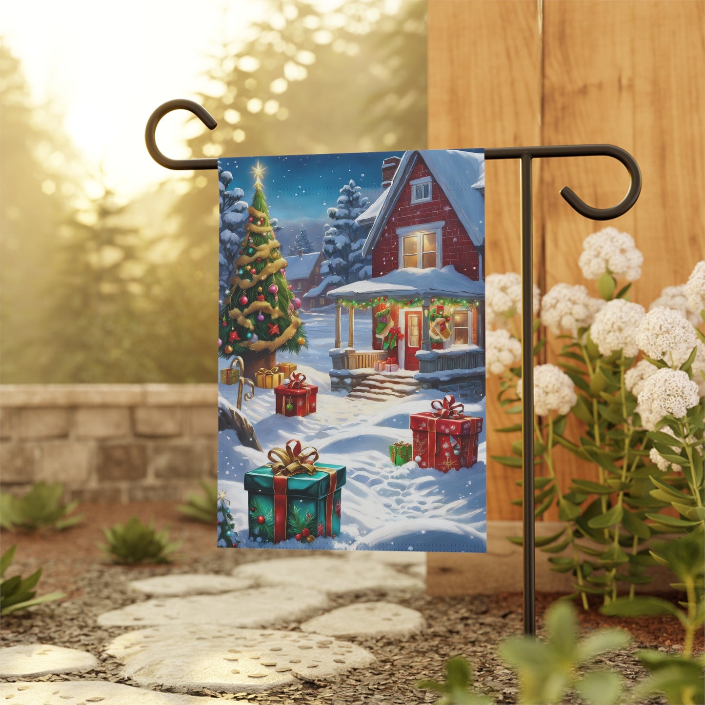 Christmas House Adorned with Presents Holiday Garden Flag/ House Banner