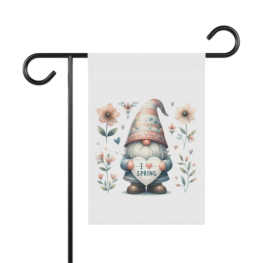 I Love Spring" garden flag featuring a cute gnome holding a heart, surrounded by watercolor flowers