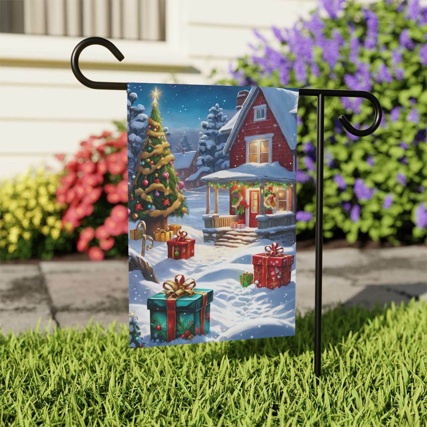 Christmas House Adorned with Presents Holiday Garden Flag/ House Banner