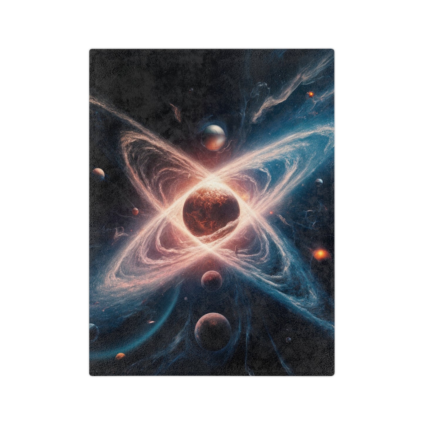 elveteen plush blanket with a cosmic solar system design, showing planets and nebulae.
