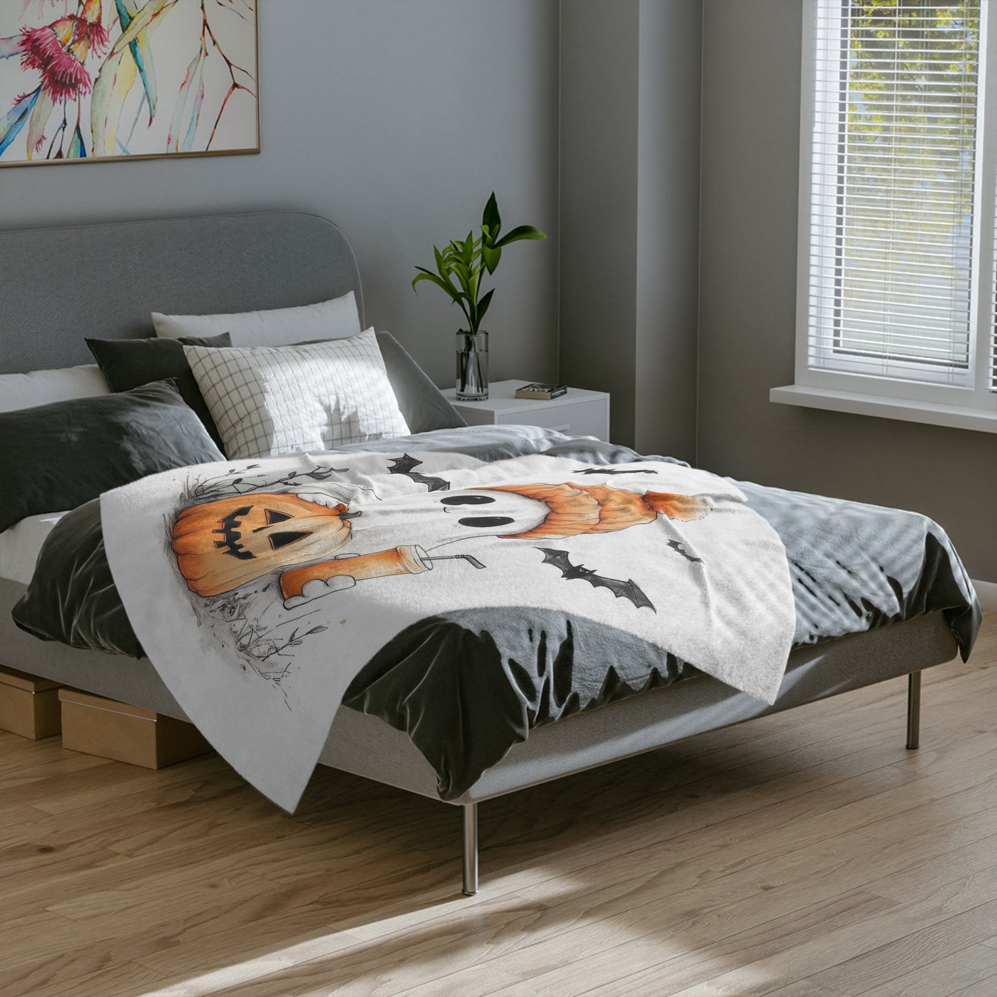 Cute Ghost with Pumpkin & Drink Halloween Lightweight Velveteen Blanket