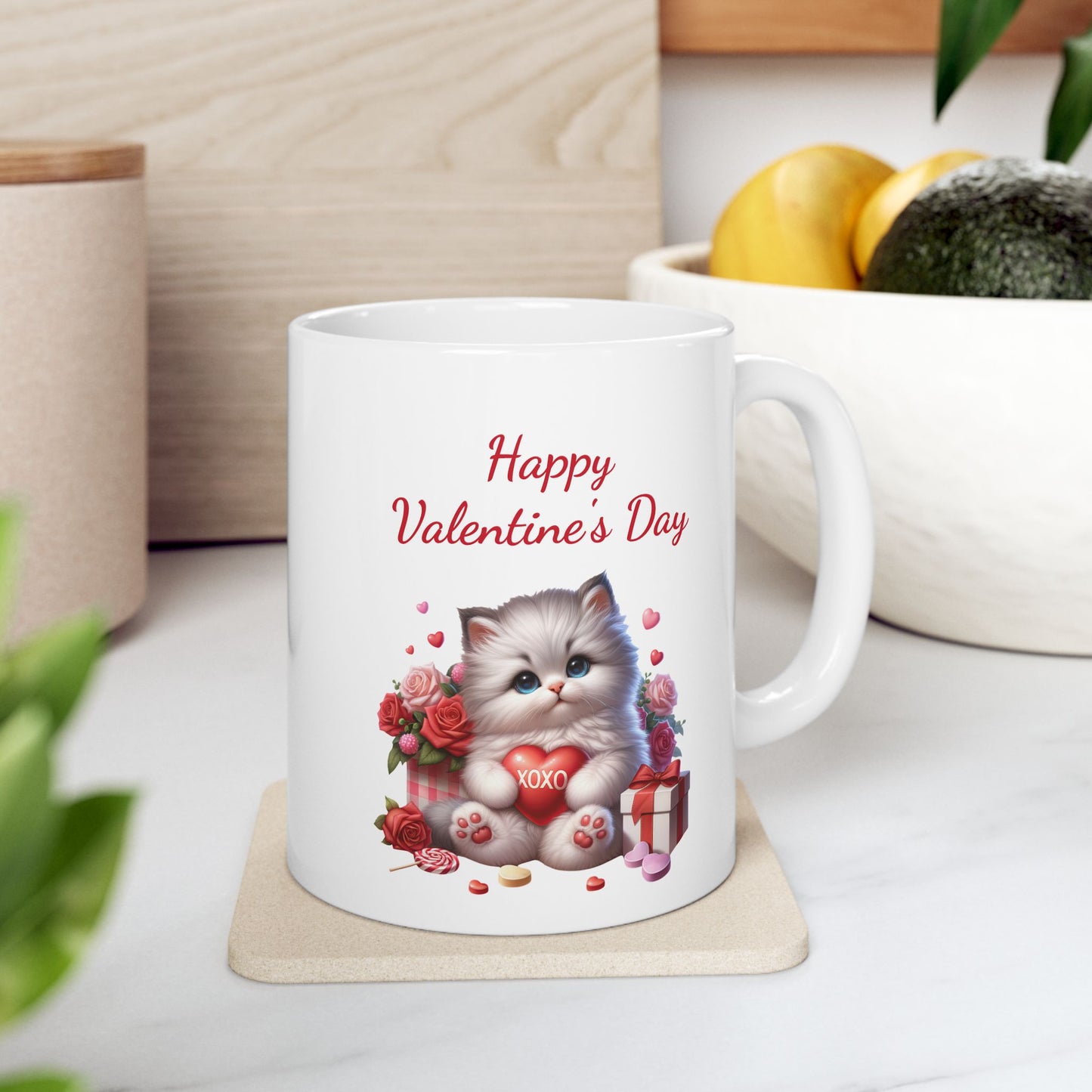 Adorable Kitten "Happy Valentines Day" Coffee Mug