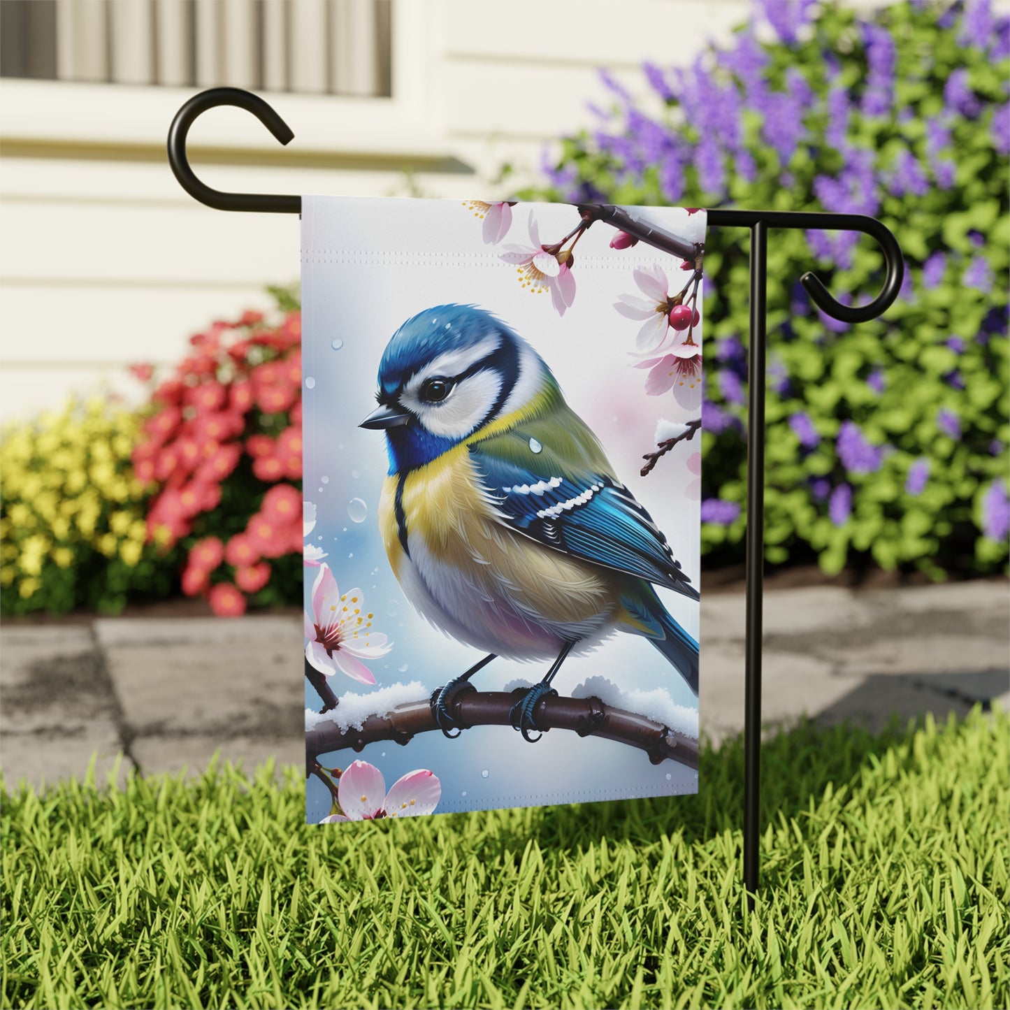 Blue Tit Bird Garden Flag with Cherry Blossoms