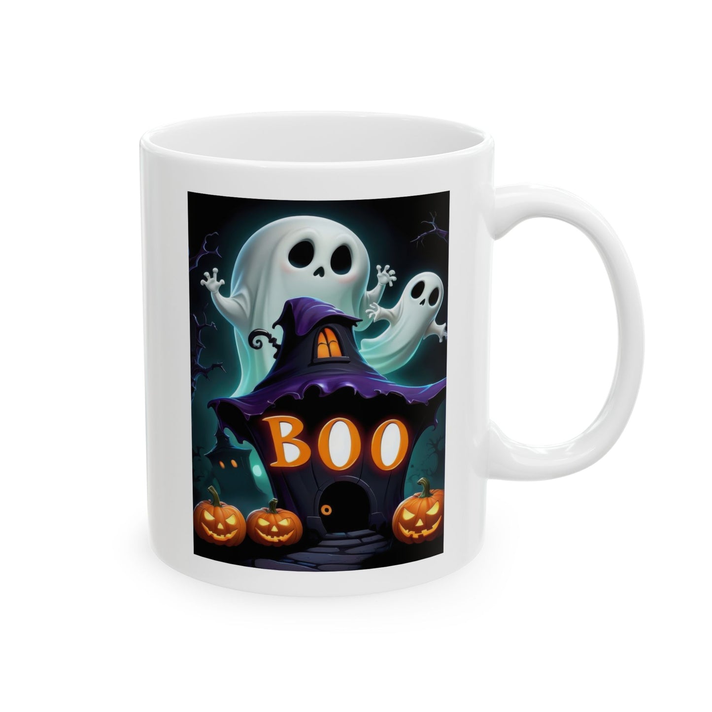 White ceramic coffee mug with a cartoonish Halloween design featuring two friendly white ghosts floating above a dark purple haunted house with glowing orange 'BOO' windows, and two lit jack-o'-lanterns at its base