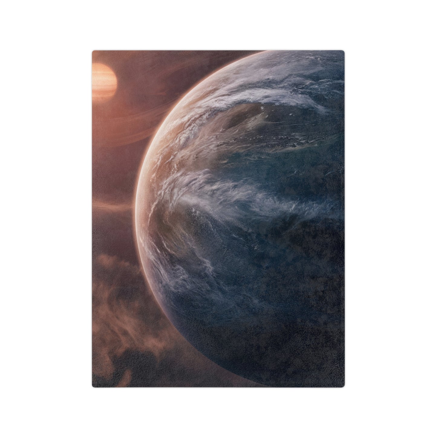 A soft velveteen throw blanket featuring a detailed cosmic print of a distant planet and stars.
