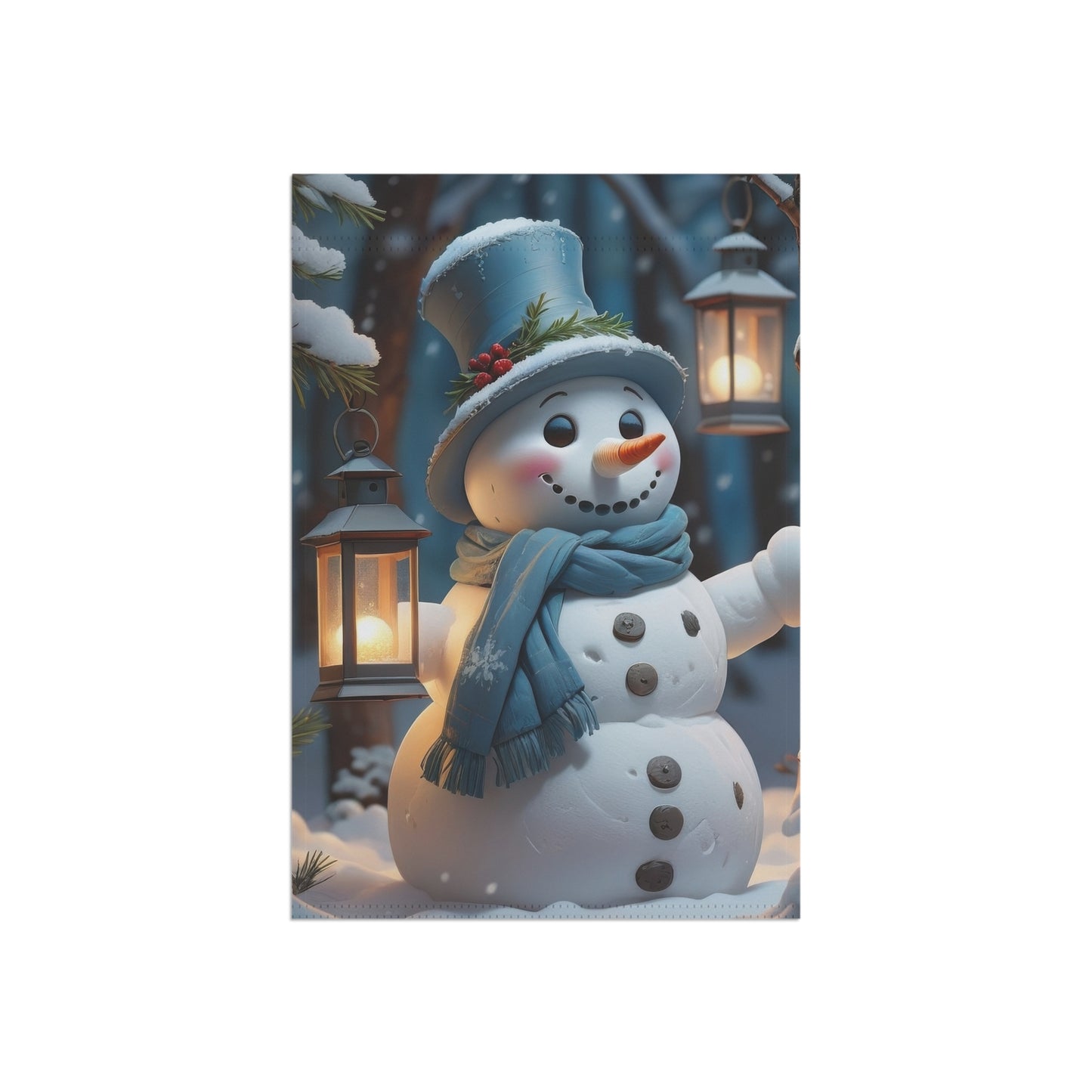 Cheerful Snowman in Blue Garden Flag