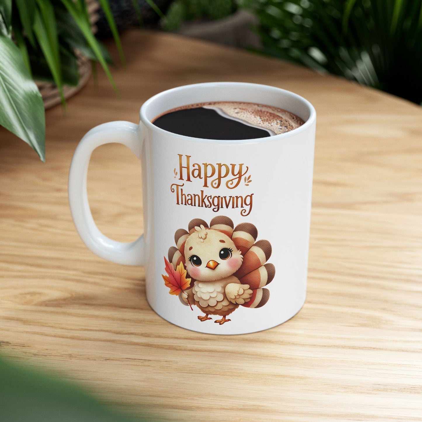 Thanksgiving Coffee Mug Featuring a Cute Baby Turkey Holding a Leaf