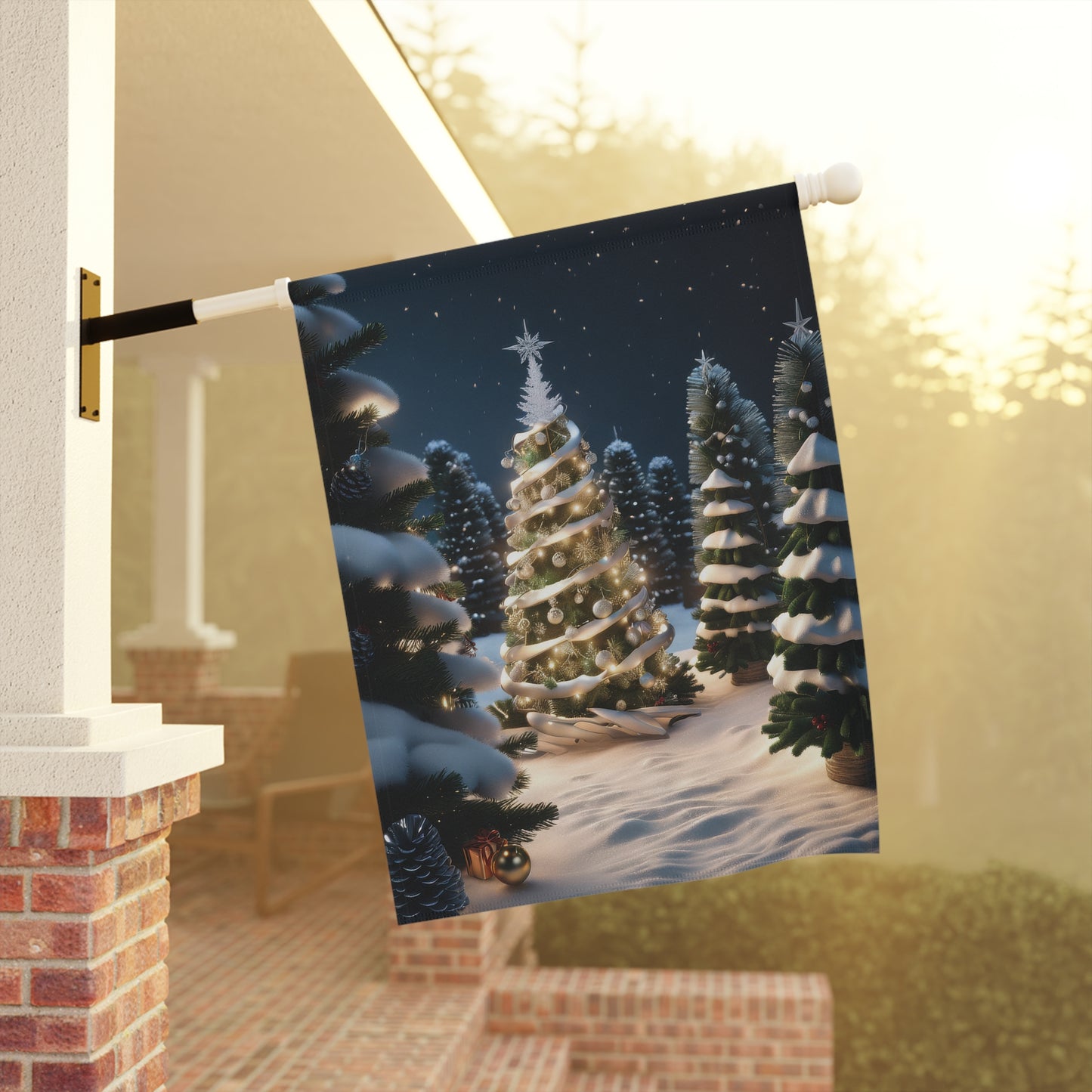 Enchanted winter forest garden flag with snow-covered pine trees, one lit Christmas tree with a star, and a snowy ground, on a black metal garden flag stand