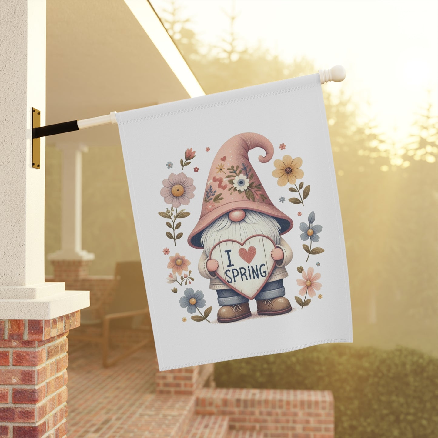 "I Love Spring" Gnome Garden Flag with Floral Hat