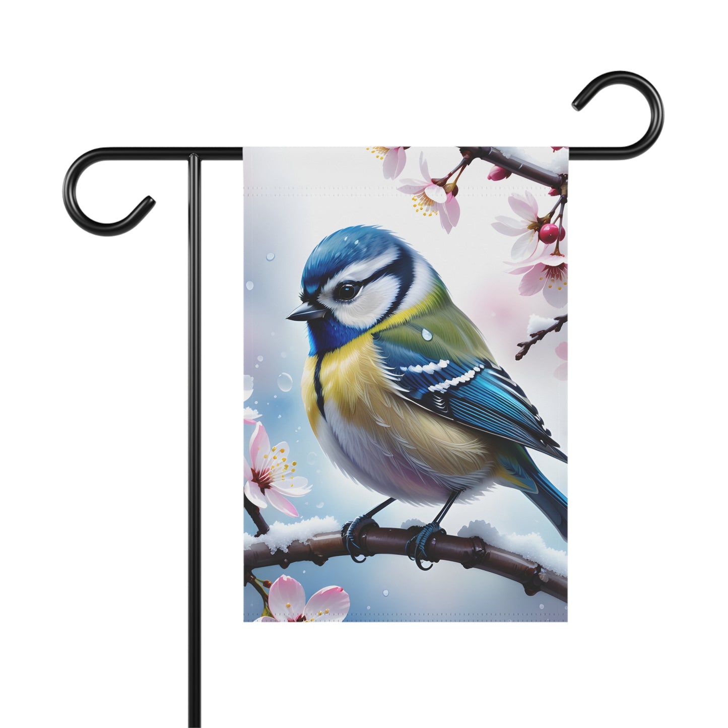 A garden flag featuring a realistic illustration of a blue tit bird perched on a snowy branch with pink cherry blossoms.