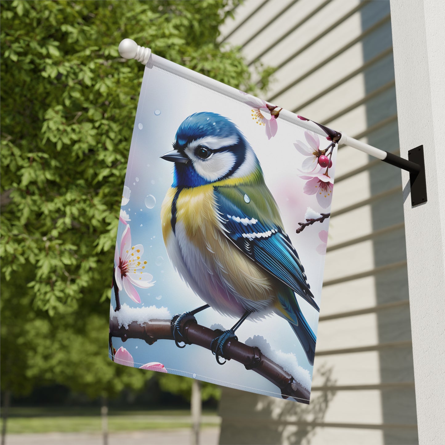Blue Tit Bird Garden Flag with Cherry Blossoms