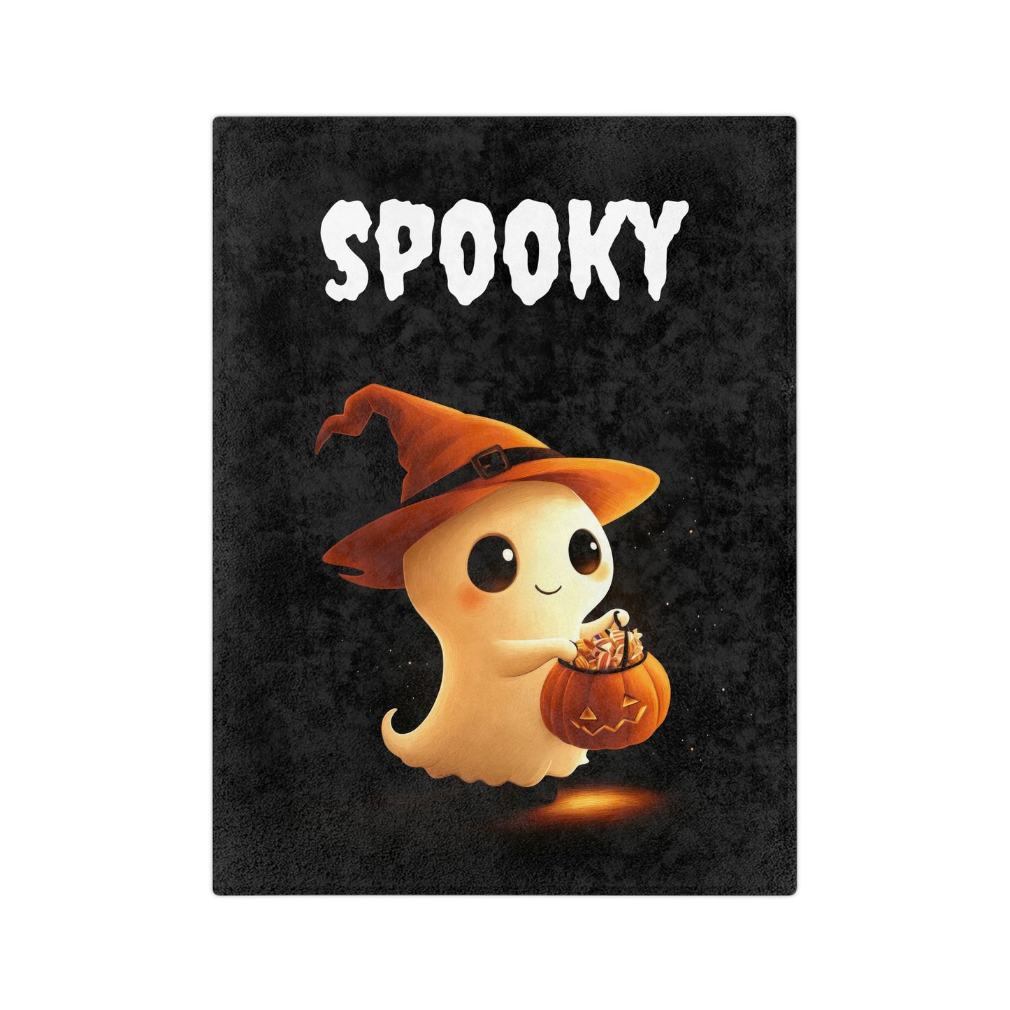 Adorable Spooky Ghost Halloween Plush Blanket with a cute ghost wearing an orange witch hat and holding a candy pumpkin, with "SPOOKY" text on a black background.
