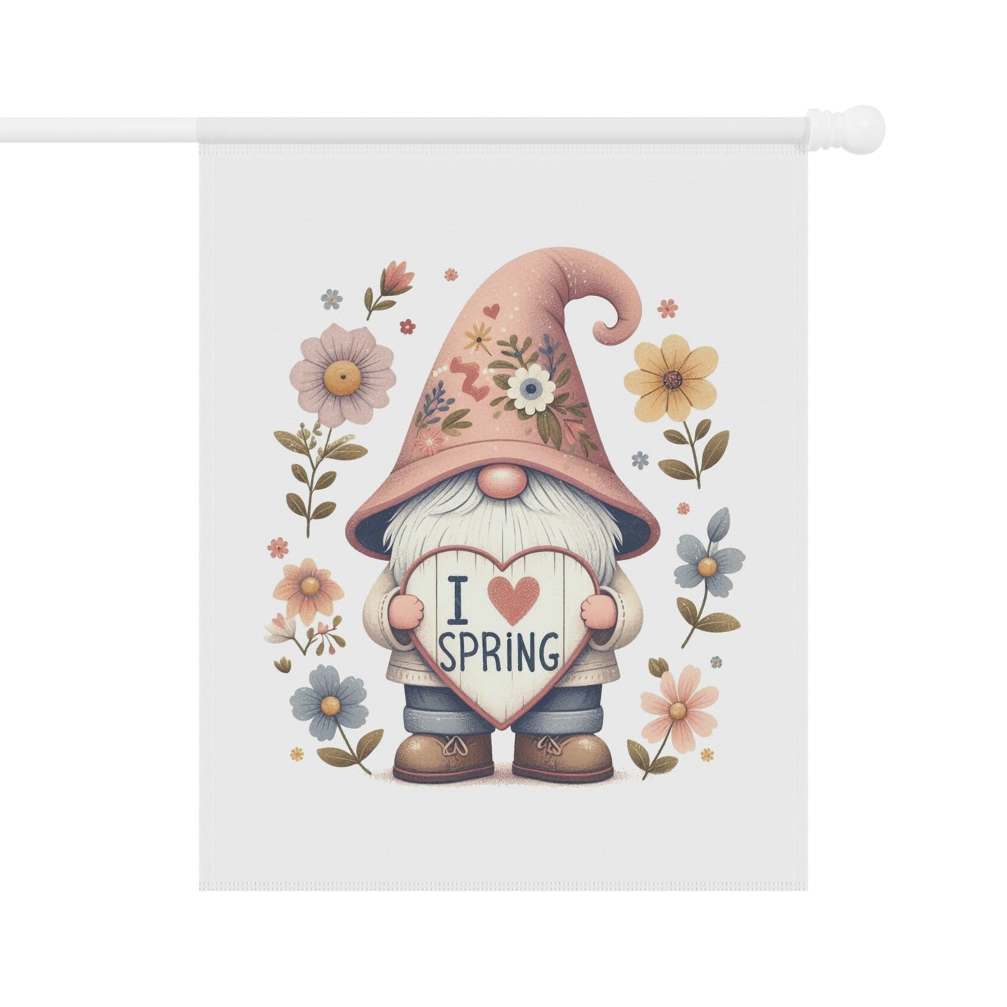 "I Love Spring" Gnome Garden Flag with Floral Hat
