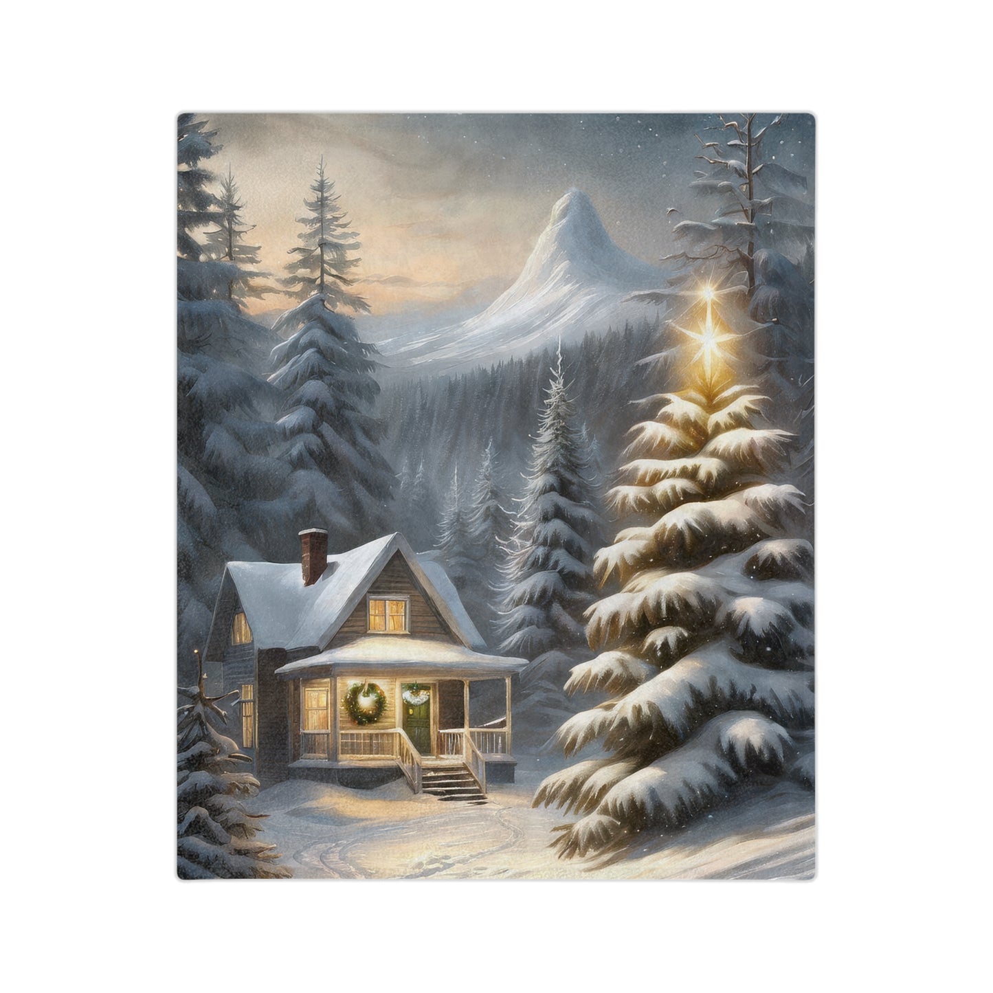 a velveteen plush blanket featuring a serene winter wonderland scene with a snow-covered cabin, illuminated Christmas tree, and majestic snowy mountains under a night sky.