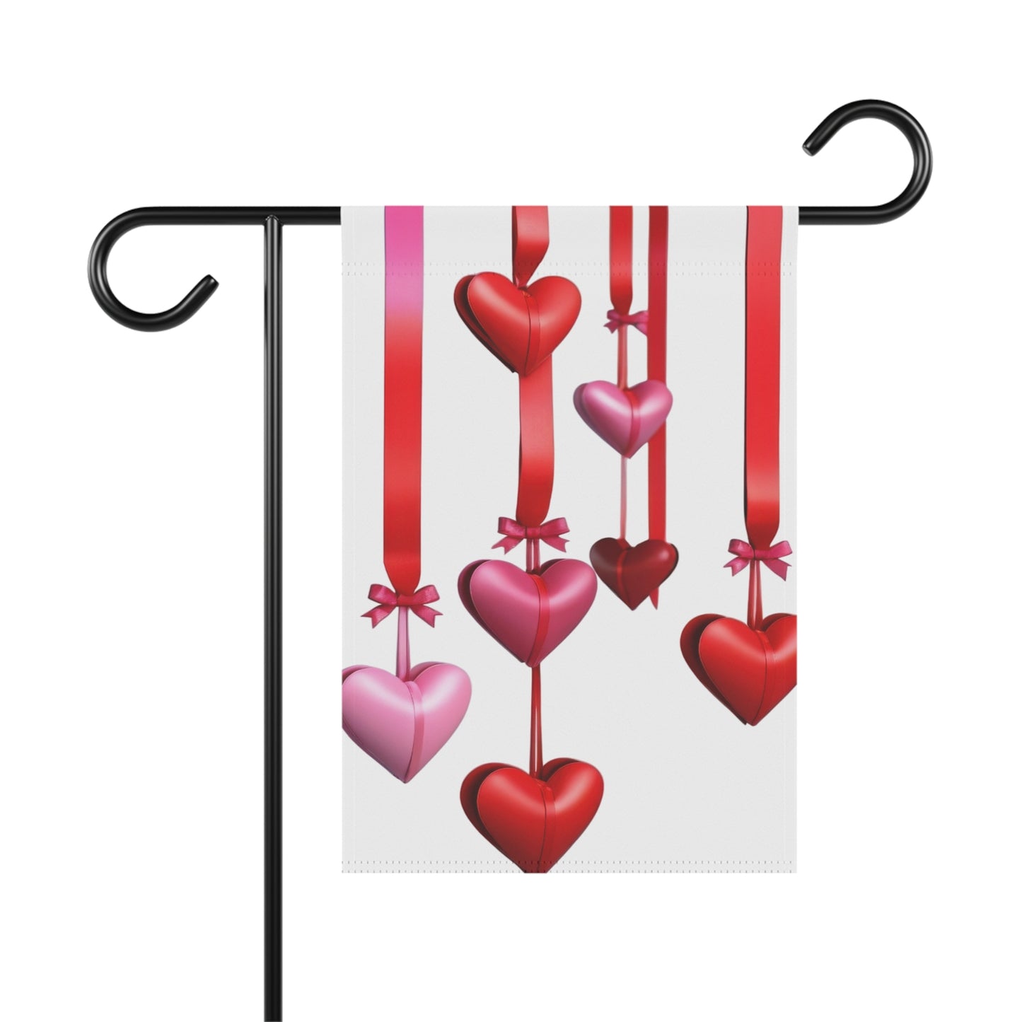 Valentine garden flag with red and pink hearts hanging from ribbons on white background, romantic outdoor décor